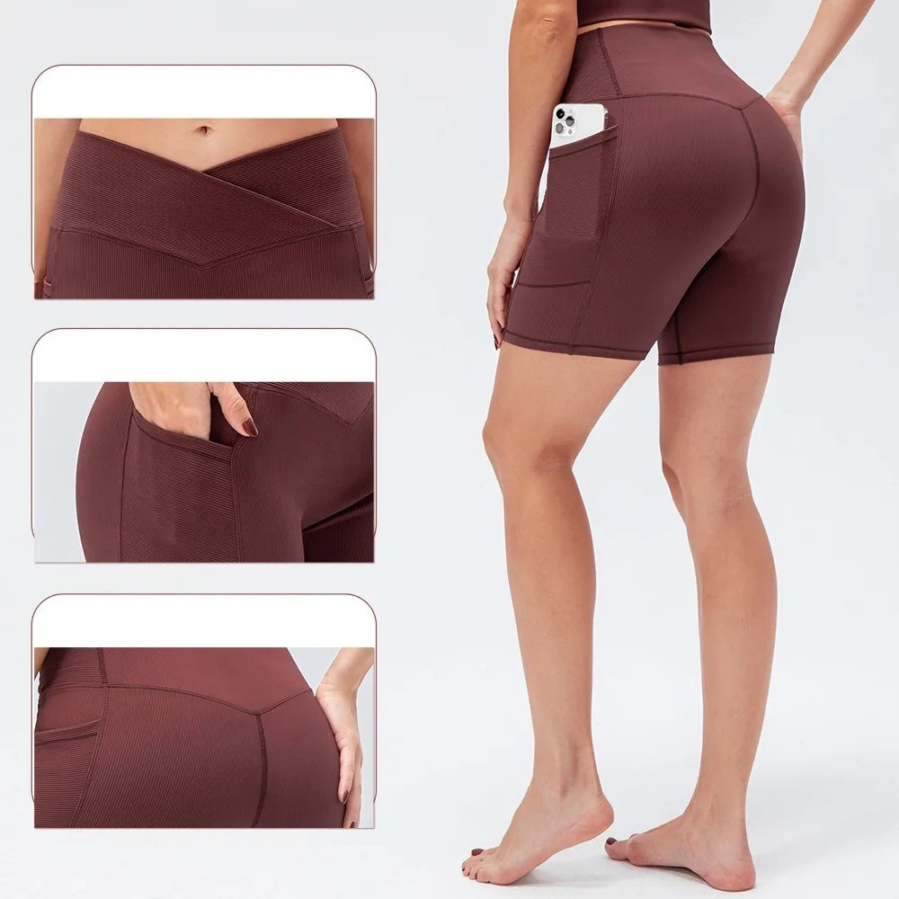 Women Cross Waist Yoga Shorts With Pockets High Waist Butt Lifting Tight Fitness Workout Running Shorts