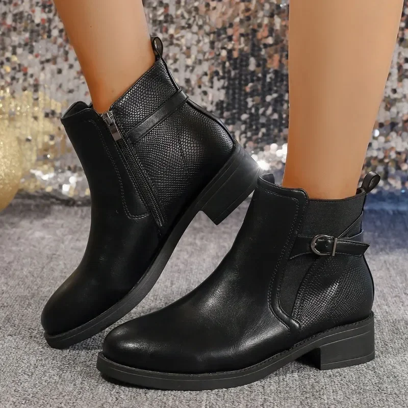 Shoes for Women 2024 Hot Sale Side Zip Women\'s Boots Autumn Round Toe Solid Short Barrel Low Heels Plus Size Boots Zapatos Mujer