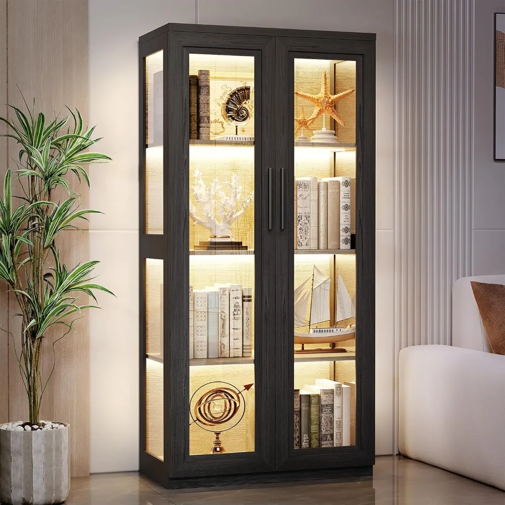 

Cabinet with Glass Doors, Glass Display Cabinet with 4 Shelves for Collectibles,with 3 Color LED Lights Bookcase