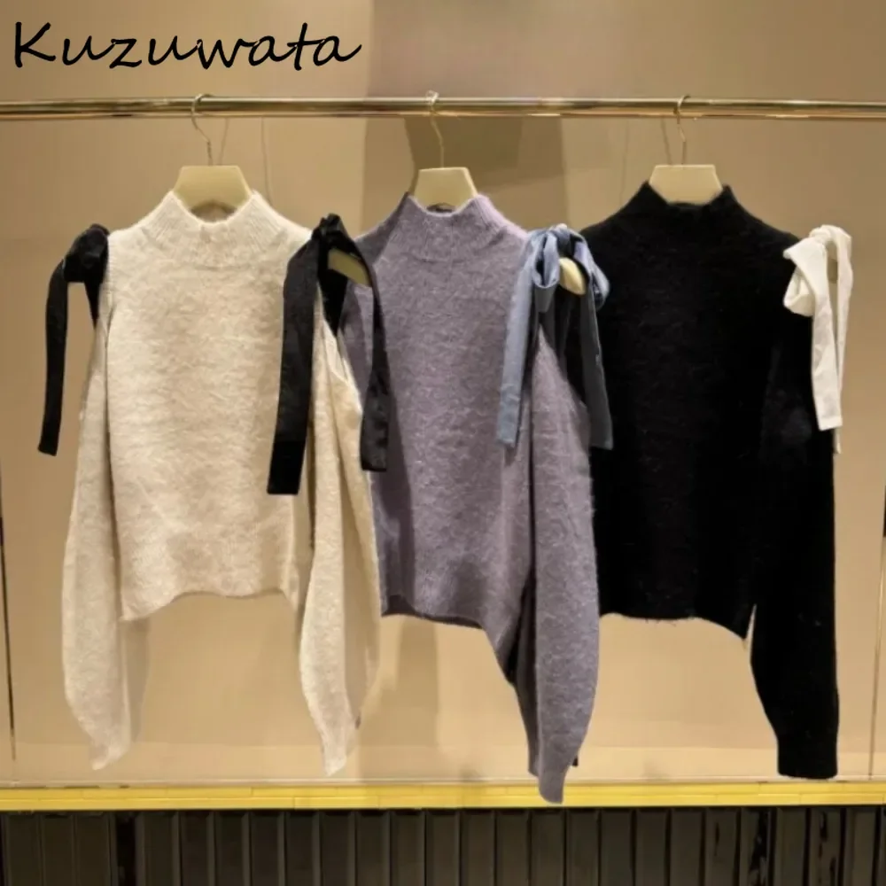 Kuzuwata Gentle Winter Exquisite Half-high Collar Mujer Knit Off Shoulder Bow Lace Up Jumper Japan Sweet High Street Pull Femme