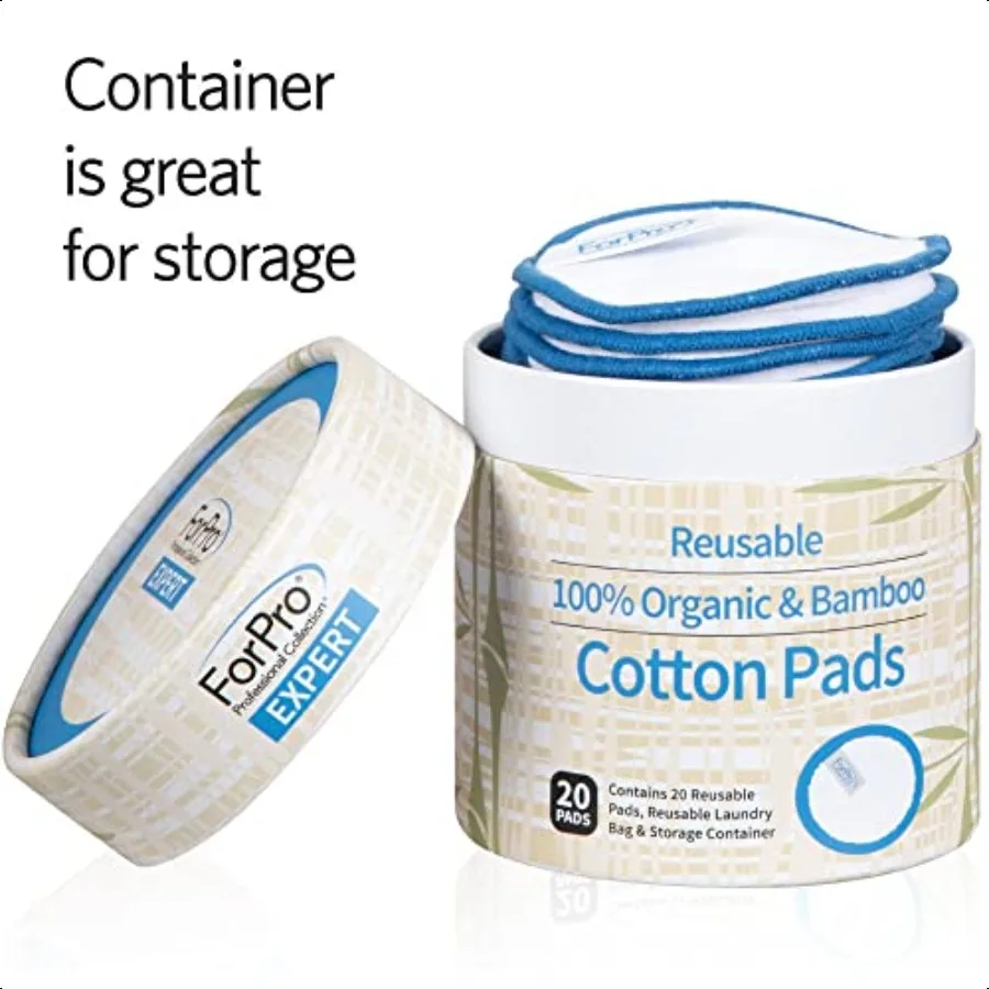 ForPro Profional Collection Expert Redondas de algodón reutilizables Paquete de 20 100 almohadillas desmaquillantes orgánicas y de bambú Incluye cordón