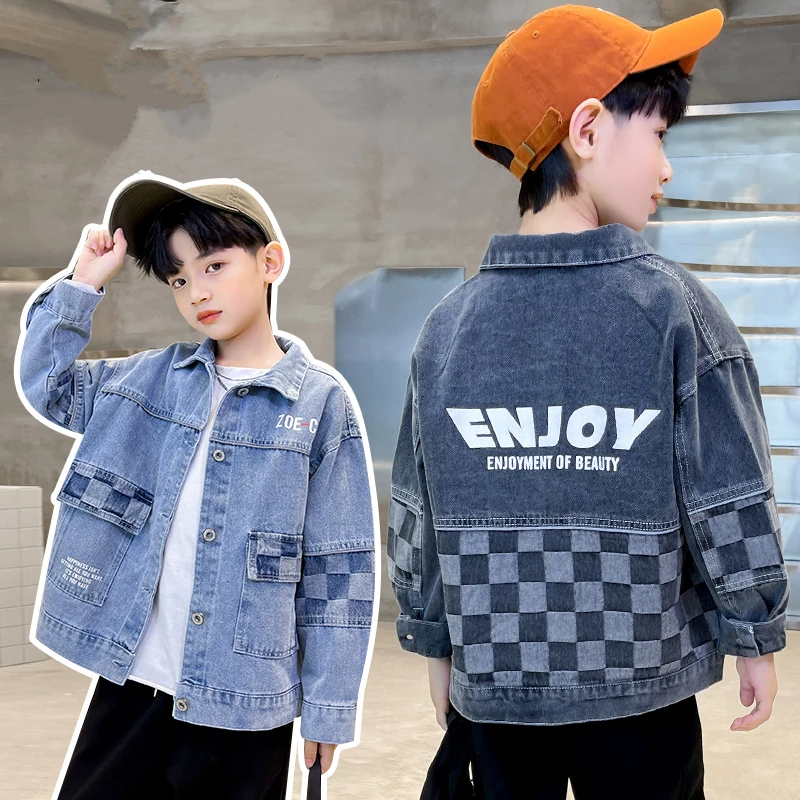 Children Classic Elegant Style Plaid Denim Jacket for Teen Boys Casual Thick Shirt Coat Kids Fashion Spring Autumn Clothing 5-14
