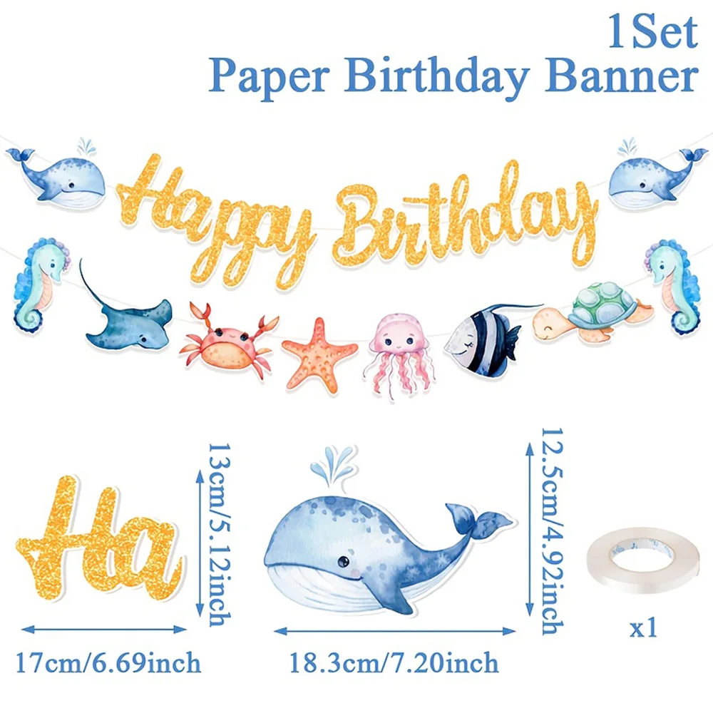 Bannière en papier et guirlandes à thème animaux marins et vie marine pour décorations de fête d'anniversaire pour enfants