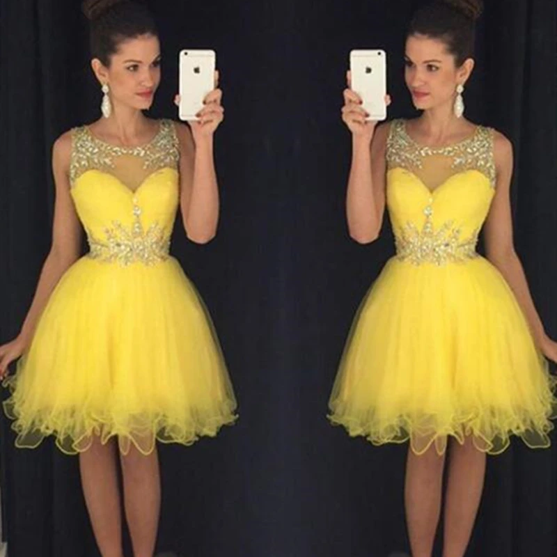 

BM Yellow Beaded Crystal Short Homecoming Dresses A-Line Tulle Sequined Mini Graduation Cocktail Formal Prom Party Gown