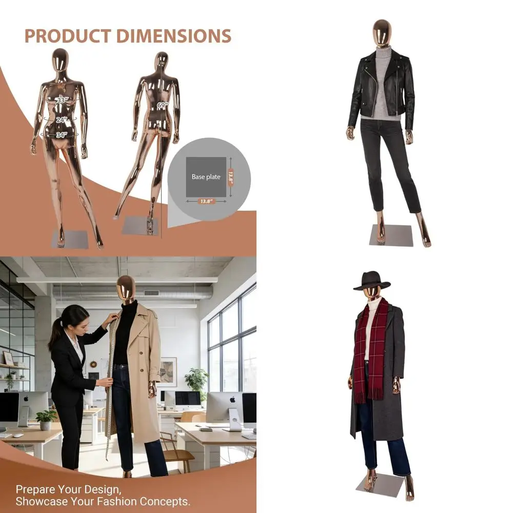 

Elegant Tall Female Mannequin with Stable Metal Base, Adjustable Arms, Detachable, Rose Gold Finish