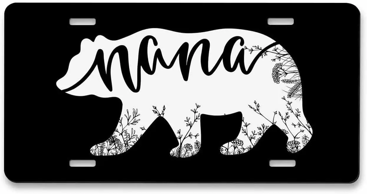 License Plate Mama Bear and Floral Blakc White Silhouette Home Decor Signs for Women Men Aluminum License Plate 6x12 Inch