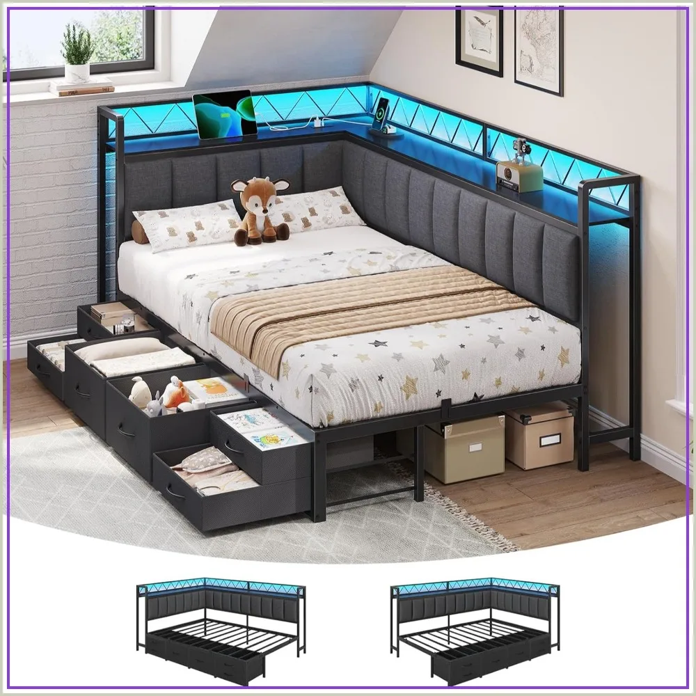 Twin Corner Bed Frame with Storage Shelves, 6 Drawers and Charging Station