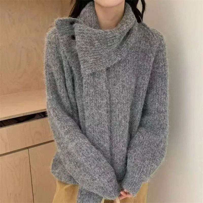 Koreaanse Fashion Design Sjaal Kraag Trui Dames Herfst Winter Nieuwe Gebreide Trui Jas Dames Losse Luie Stijl Zacht Wasachtig