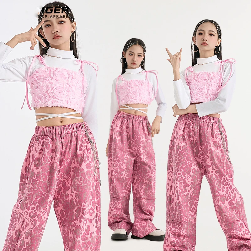 

2025 Children Ballroom Hip Hop Dance Costumes For Girls Pink Vest Loose Pants Street Dance Wear Jazz Performance Stage Clothes