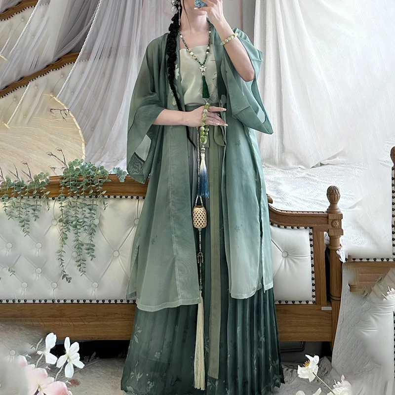 Summer New Hanfu Long Coat&strap&skirt Green New Chinese Style Hanfu Dress Women Elegant Han Clothes Flower Print Costumes