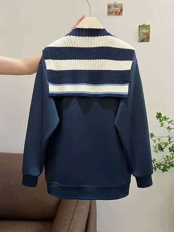 plus Size 300 Pou Striped oulder Hoodie Women Loose Korean Sle Long Sve round Ne Casual Comfortable Top
