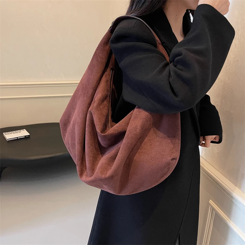 Women Half Moon Bags Large Capacity Hobo Shopper Bag High Quality Soft Faux Suede Bag Fashion Korean Female Underarm Tote Bags