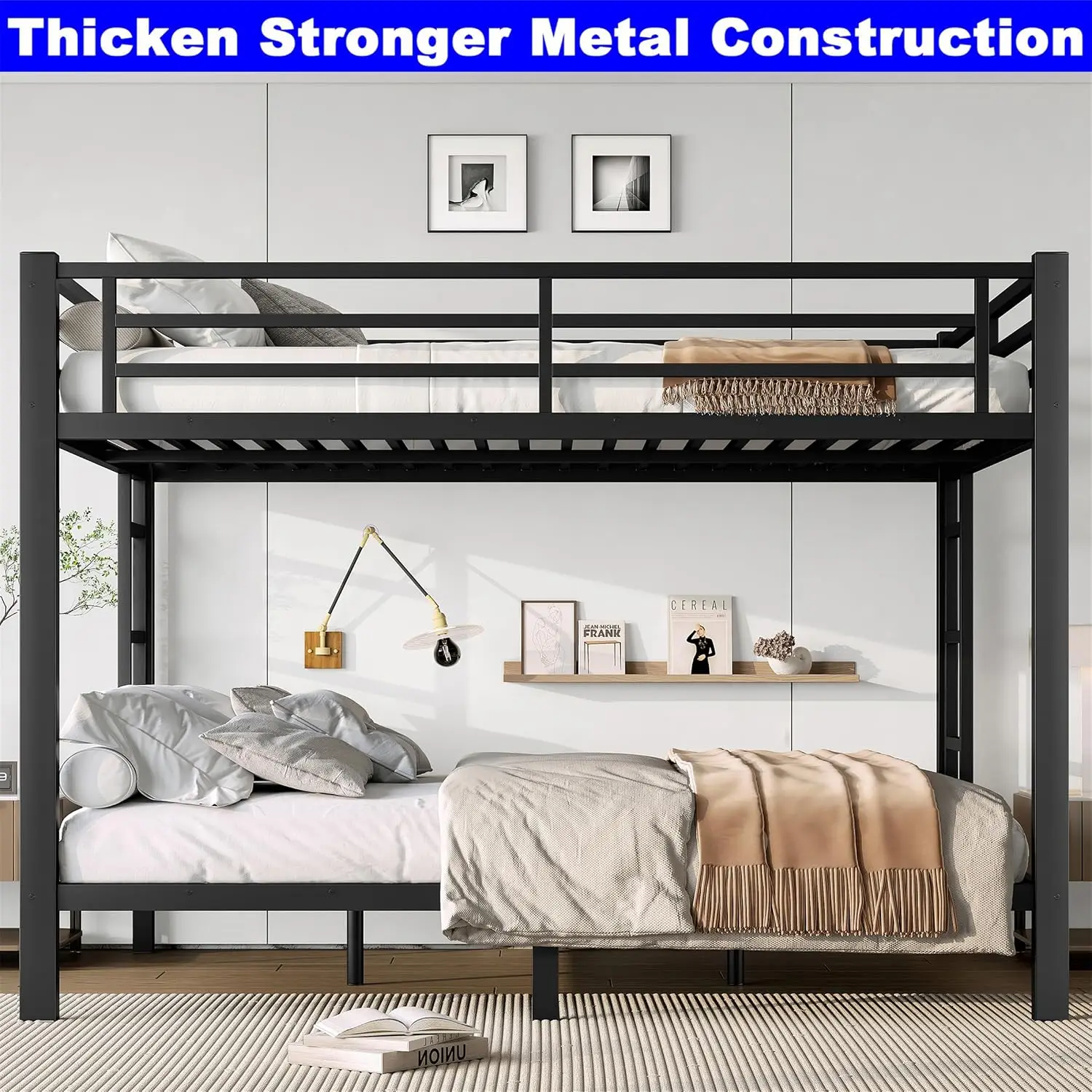 Upgraded Heavy Duty Metal Queen Bunk Bed, Stronger Queen Over Queen Frame With Ladder For Adults, Easy Assemble, Customized