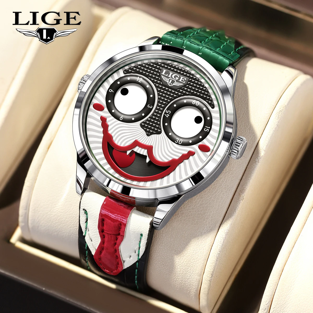 

LIGE Fashion Clown Dial Quartz Man Watch Creative Unique Waterproof Joker Smile Leather Strap Casual Sports Watches for Men Gift