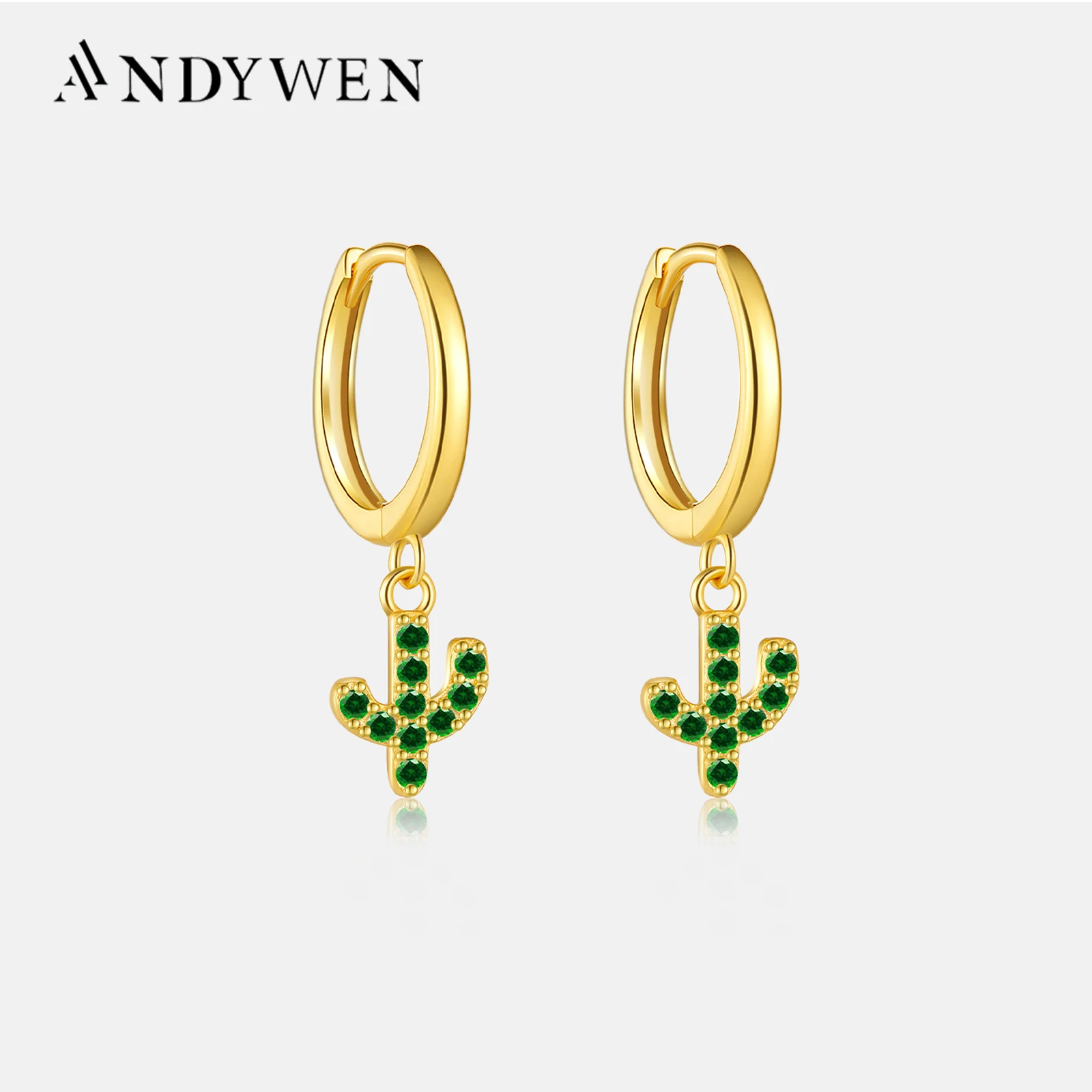 ANDYWEN 925 Sterling Silver Gold Tree Cactus Zircon CZ Pendiente Drop Earring Crystal Piercing Clips Luxury Jewelry Gift Rock