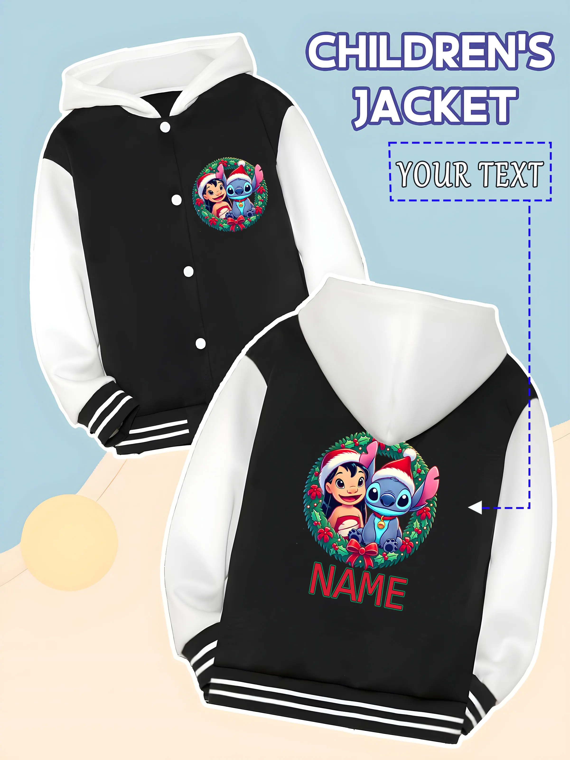 

MINISO Disney Lilo & Stitch Christmas Baseball Jacket for Kids - Stitch and Lilo's Christmas look, full of festive atmosphere, p