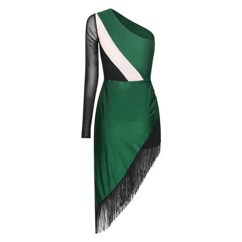 Imagen 2 del producto Vestido de baile latino con borlas para mujer, vestido de baile de salón, Salsa, Tango, diamantes de imitación brillantes, vestido de un hombro, Ropa de baile