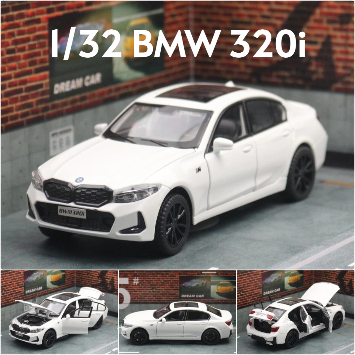 1/32 BMW 320i Limousine Miniatur-Druckguss-Spielzeugautomodell, Ton- und Lichttüren, zu öffnende pädagogische Sammlung, Geschenk für Kinder, Jungen