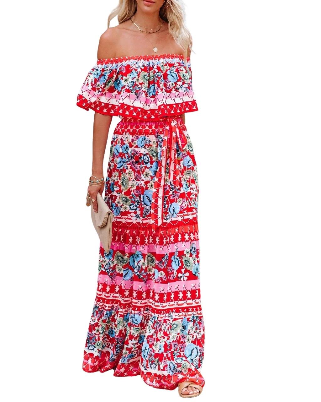 Mexican Dress for Women Off Shoulder Floral Print Maxi Dress Summer Sleeveless Casual Party Beach  for Halloween Party