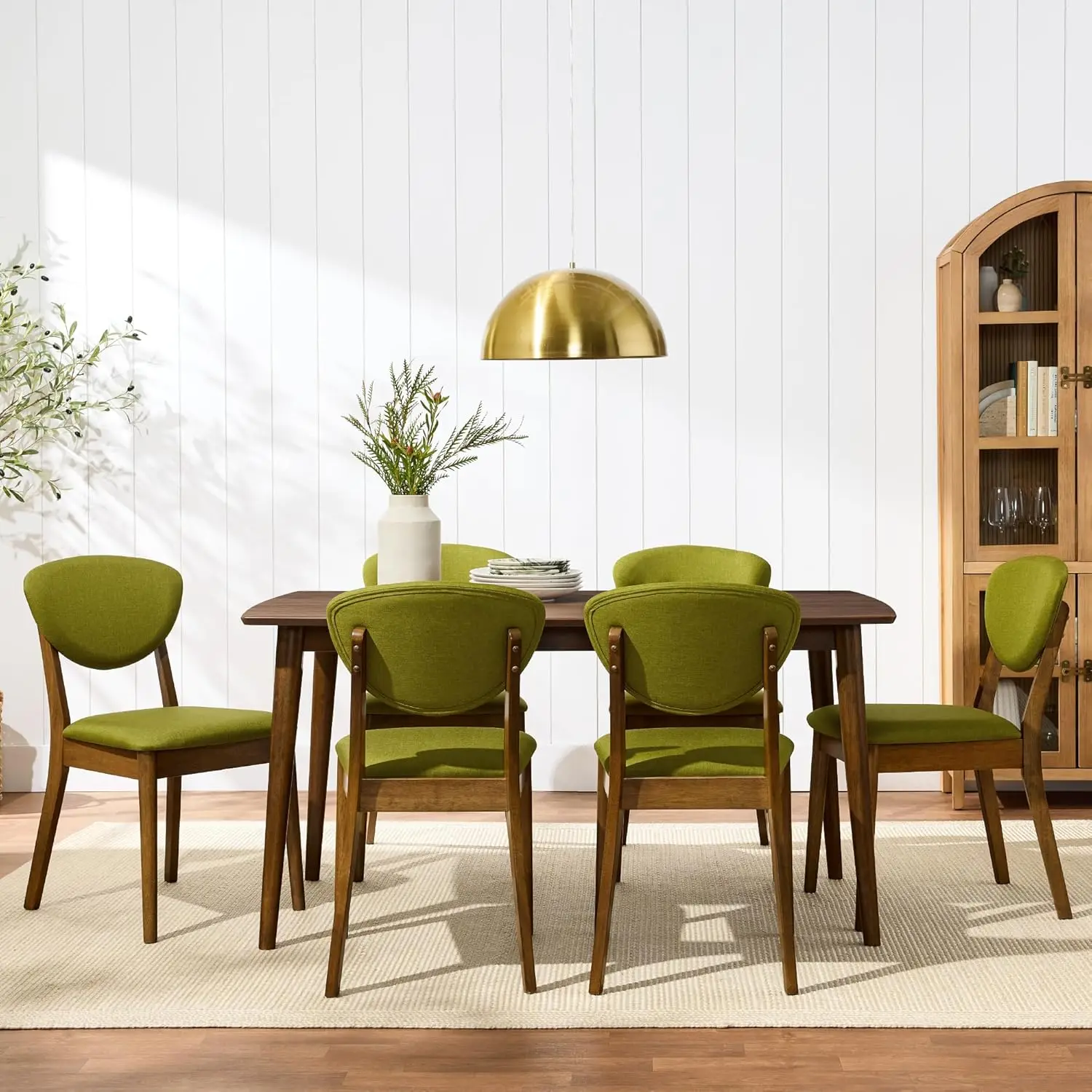 Dining Chairs Set of 2, Mid-Century Modern Upholstered Wood, Armless w/Seat Cushion, Padded Backrest - Walnut/Olive, Customized