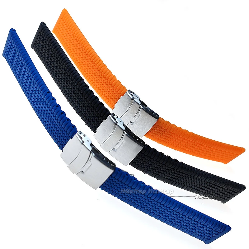 20mm 22mm 24mm Soft Silicone Watchband Black Tire Pattern Sport Rubber Wrisband Waterproof Metal Fold Buckle Universal Strap