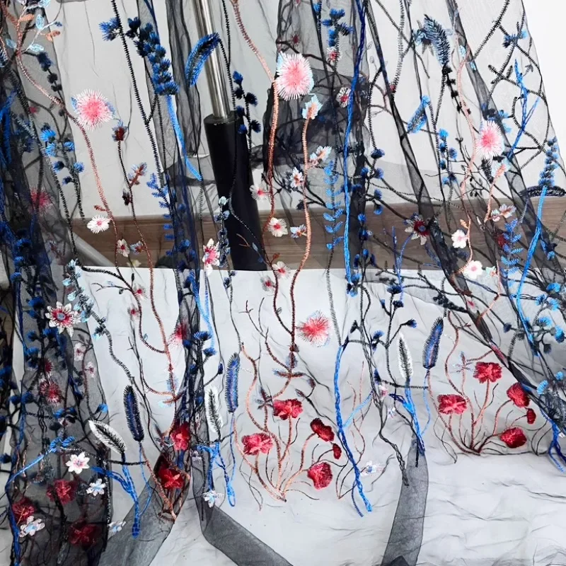 Delicate Black Lace Fabric With Exquisite Embroidered Blue Waterweed Flowers For Wedding Dress And Evening Gown By The Yard