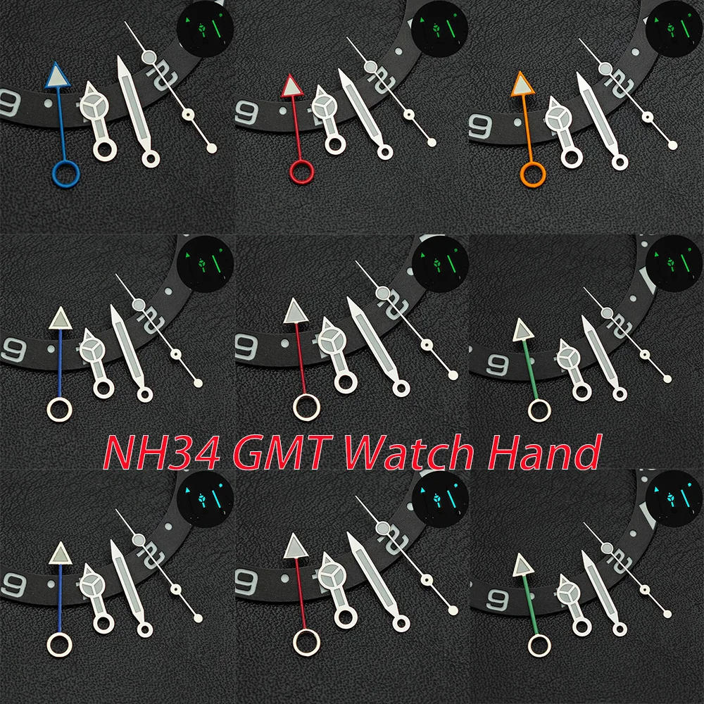 NH34 GMT 4-Point Watch Hands, Blue-Green/Green Luminous, Silver Black Options, Fit NH34 Automatic Movement Watch Mod Parts