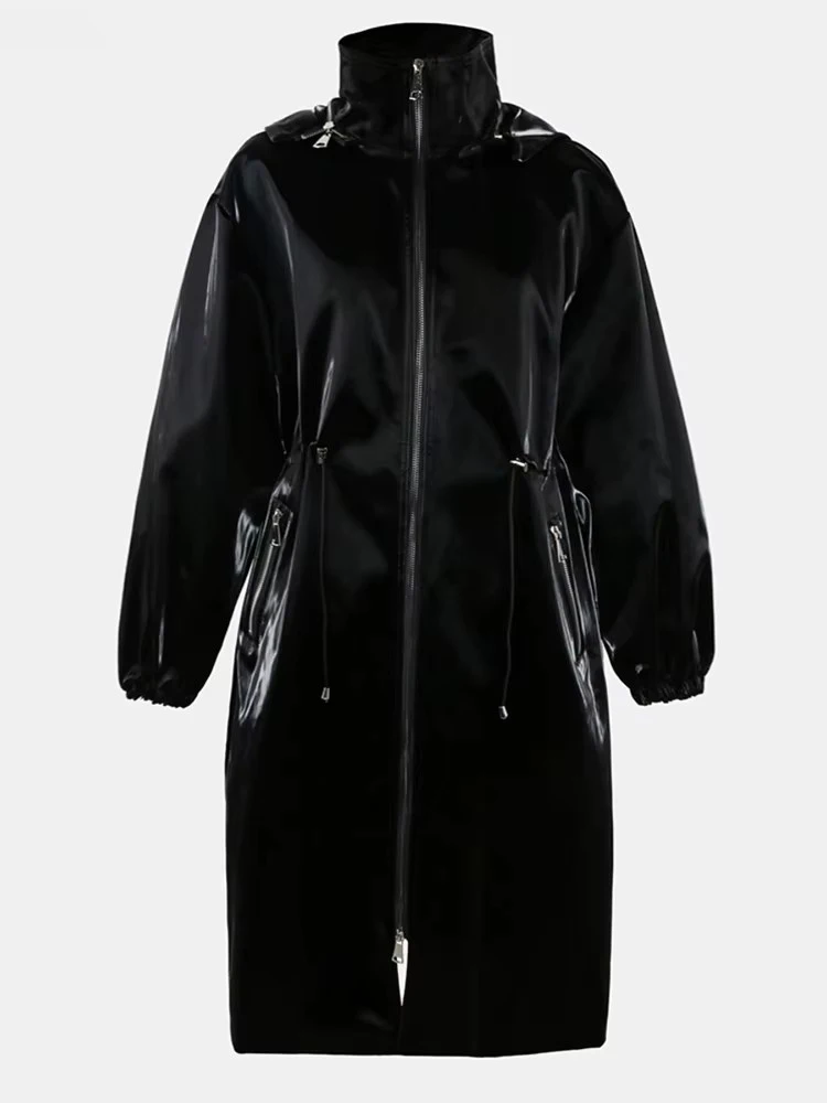 Mauroicardi Spring Black Long Waterproof Shiny Reflective PVC Faux Leather Coat for Women with Detachable Hood Y2K Streetwear