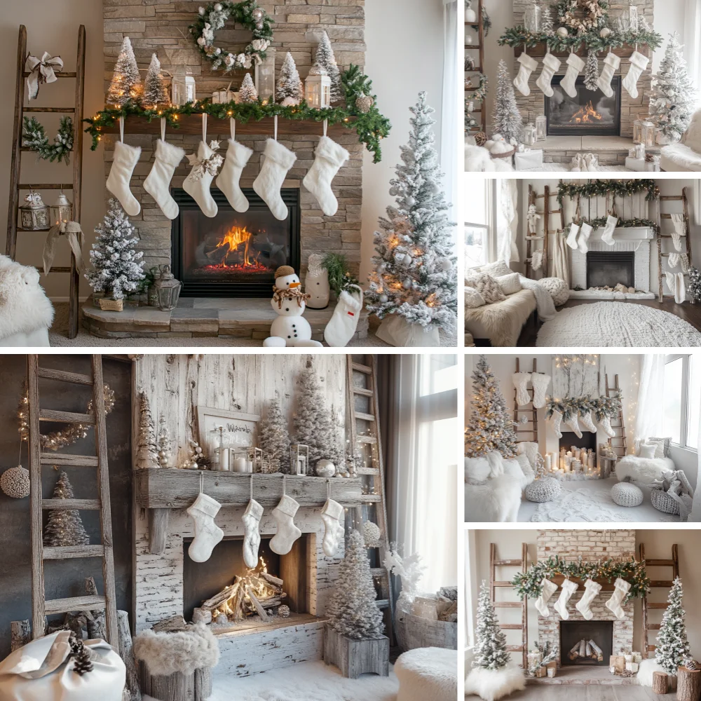 

Winter Christmas Holiday Party Photography Backdrop Fireplace Xmas Tree Gifts wreath Doll Bear Photo Background Banner Supplies