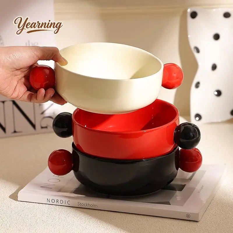 Princess Style High Value Ceramic Fruit Bowl Yogurt Bowl Cute Double Ear Baking Bowl for Women Home Kitchen Gift