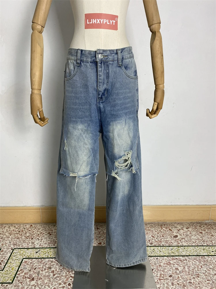 

Women's Retro Washed Ripped Fake Two Piece Denim Pants Cool Girl Trousers Vintage Bottoms Female High Waist Wide-leg Jeans