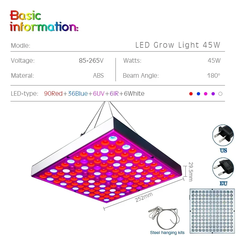 Lámpara LED de espectro completo para cultivo de plantas, Panel Phyto para flores hidropónicas y verduras, 25W, 45W, AC85-265V