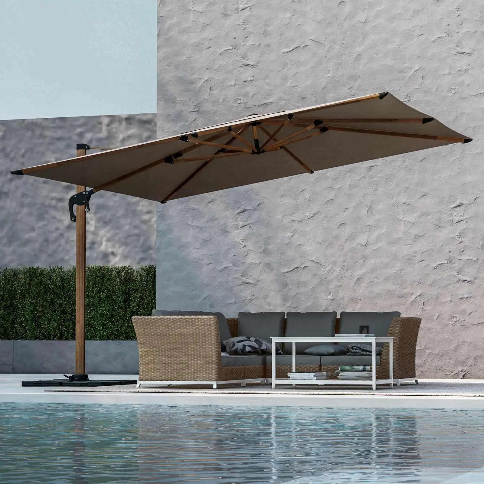 3 X 3m Wooden effect aluminum cantilever parasol side bars 10ft square offset patio parasol with tilted swivel cross base