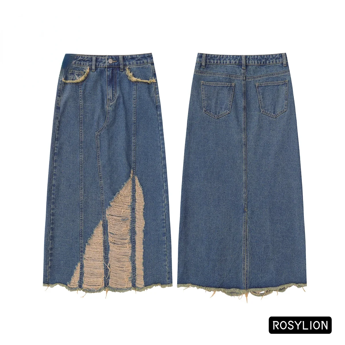 Ladies Retro American Denim Long Skirt Women Cut Washed Distressed Casual Loose Fashion Long BF Style Skirt Blue Streetwear