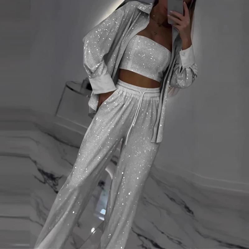 Sexy Sequins Shiny Three Piece Set Womens Strapless Tube Top & Lapel Shirt Coat & Lae-up Pants Outfits Spring Autumn Hollow Suit