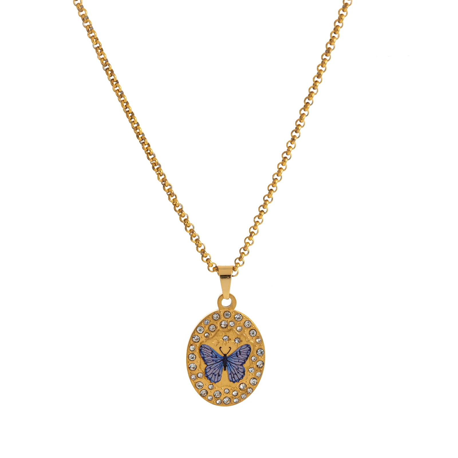 18K Vergoldete Edelstahl Vintage Ovale Anhänger-Halskette mit Emaille-Schmetterling und Libellen-Charm, Zierlicher Schmuck, Geschenk für Frauen – Detail 6