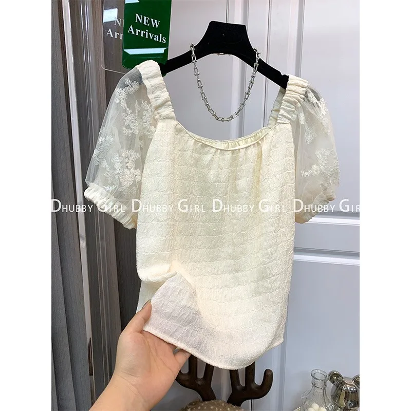 

Chic Lace Puffy Sleeve Party T-Shirts Girls Tshirts Short Comfortable Fashion Korean Vintage Tops For Women