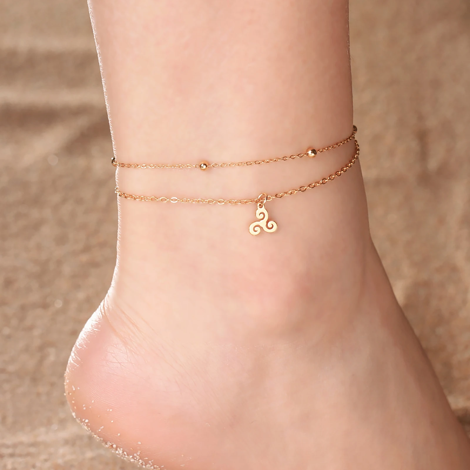 Triskele Triskelion Ankle Bracelet for Women Stainless Steel Double Layer Beads Chain Anklets Triple Spiral Amulet Jewelry Gift