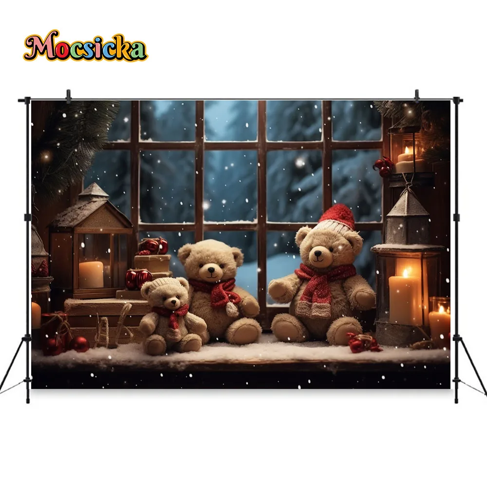 Christmas Window Decor Gift Booth Backdrop New Year\'s Eve Teddy Bear Candle Background Photography Kids Photo Studio Supplies