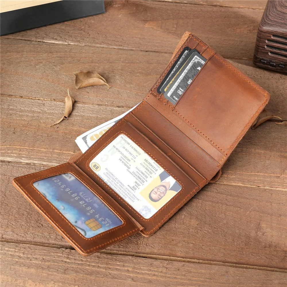 Men's Vintage Crazy Horse Leather Vertical Bifold Wallet, Genuine Leathershort  Wallet with Card Slots & Transparent ID Window