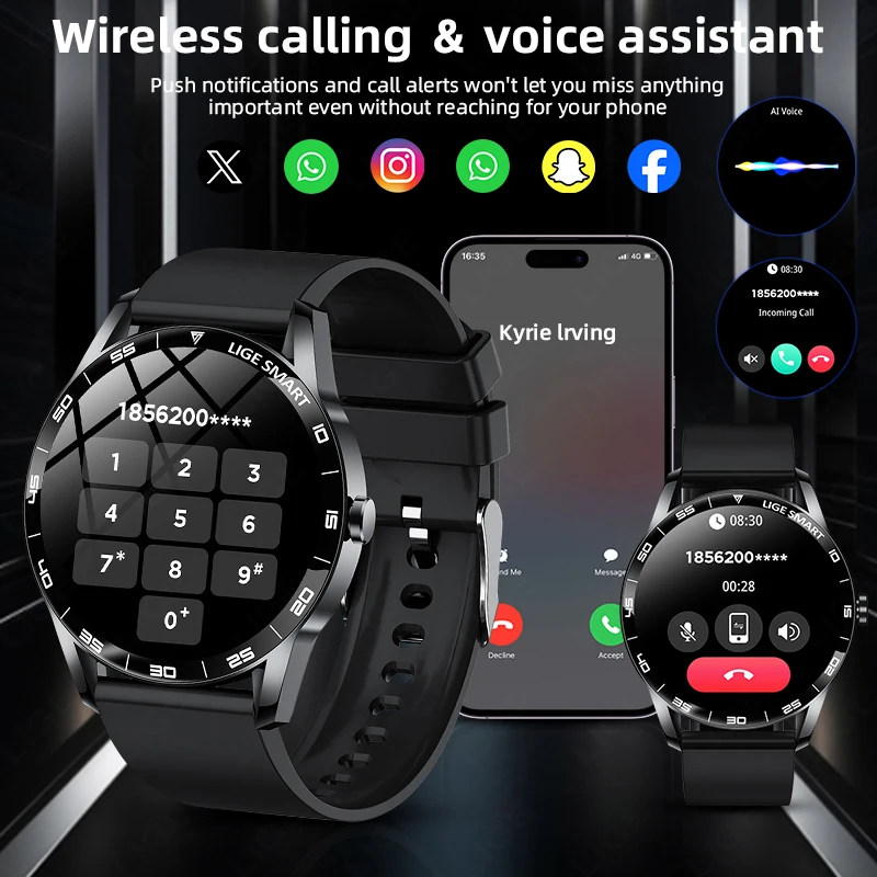 LIGE Smart Watch Chiamata wireless Previsioni meteo Ricarica magnetica Impermeabile Controllo musicale Sport Uomo SmartWatch per Android IOS