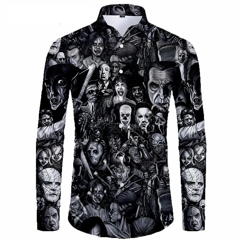 Horror Movie Full 3D Printed Shirts Men Fashion Halloween Long Sleeve Streetwear Oversized Top Homme Clothes Social Camisas