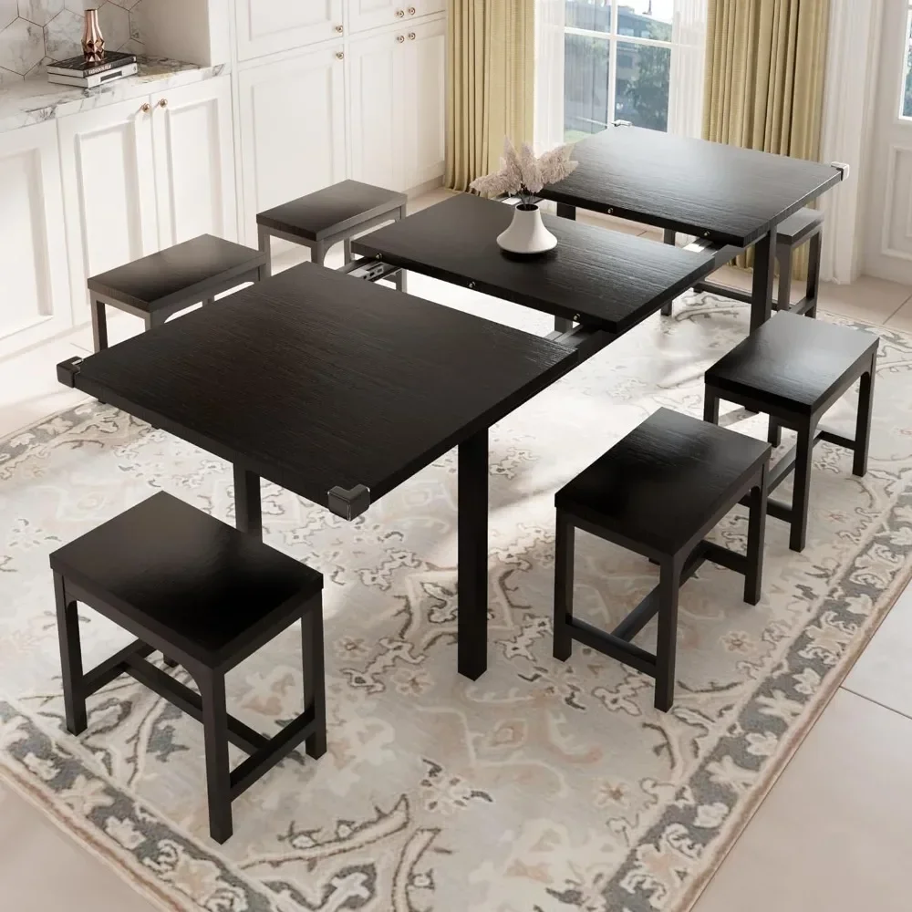 

7-Piece 63 Inch Large Retractable Kitchen Dining Set with 6 Chairs, Modern Dining Table with Heavy Duty Frame for Easy Assembly