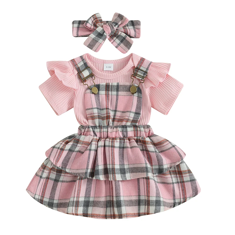 

Baby Girls Summer 3Pcs Rib Knit Outfits Solid Color Short Sleeve Rompers Plaid Suspender Skirts Headband Clothes Set