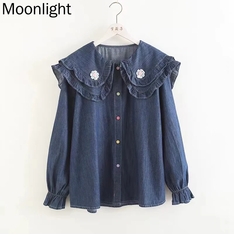 3D Flower Ruffles Peter Pan Collar Denim Shirt Women Autumn Japanese Sweet Mori Girl Long Sleven Single-breasted Female Blouse