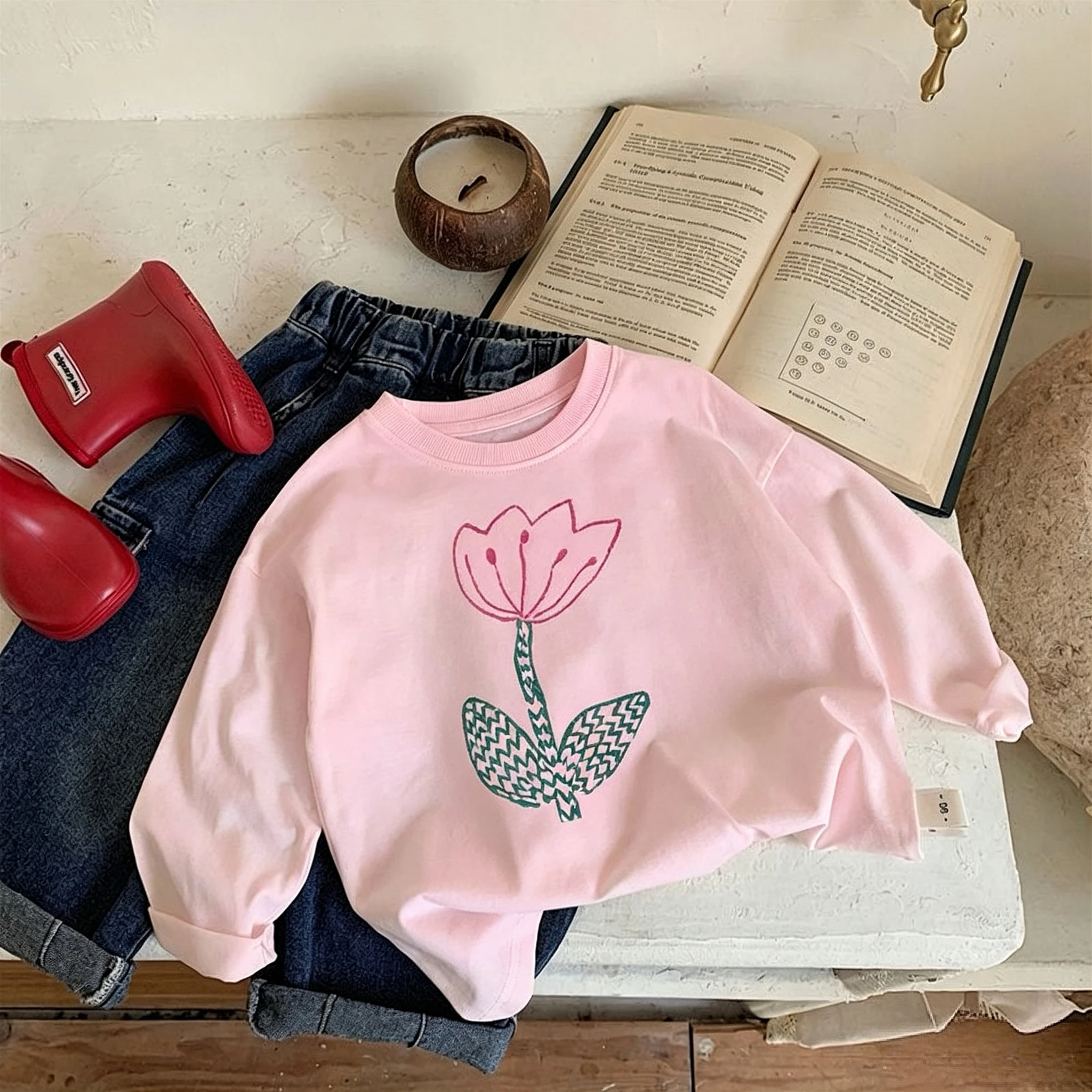 Einfarbiges, bedrucktes, lässiges Langarm-T-Shirt für Babymädchen, Oberteile, Herbstkleidung, modisch, vielseitig, Kinder-O-Ausschnitt-Unterhemd, Bluse – Detail 4
