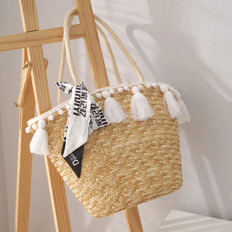 Women Fashion Handbag Tassel Casual Straw Bag Beach Rattan Large Capacity Totes Fringed Bow Tie Woven Zipper Shoulder Travel Bag