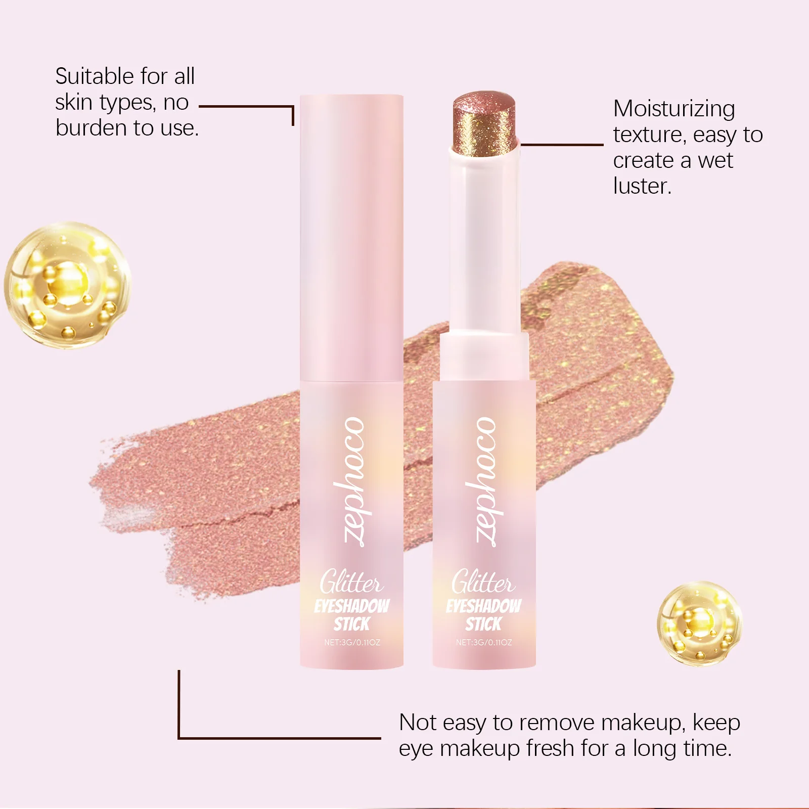 Kremowy cień do powiek w sztyfcie z brokatem, wodoodporny, długotrwały, łatwy w aplikacji, perłowy pigment do makijażu oczu, metaliczny połysk na powiechach.