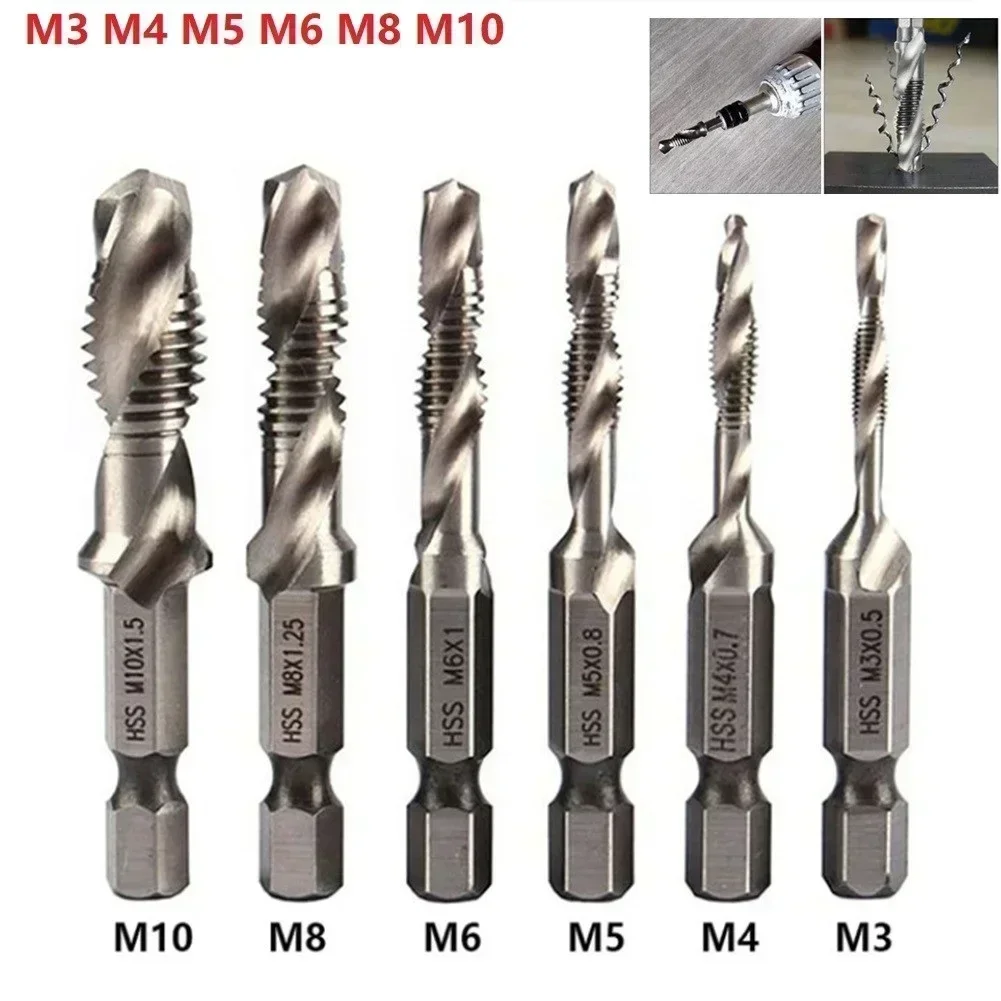 

6pcs Metric Thread Tap Drill Bits Set 1/4'' Hex Shank HSS Screw Thread Bit Screw Machine Compound Tap Metal Woodworking Drilling