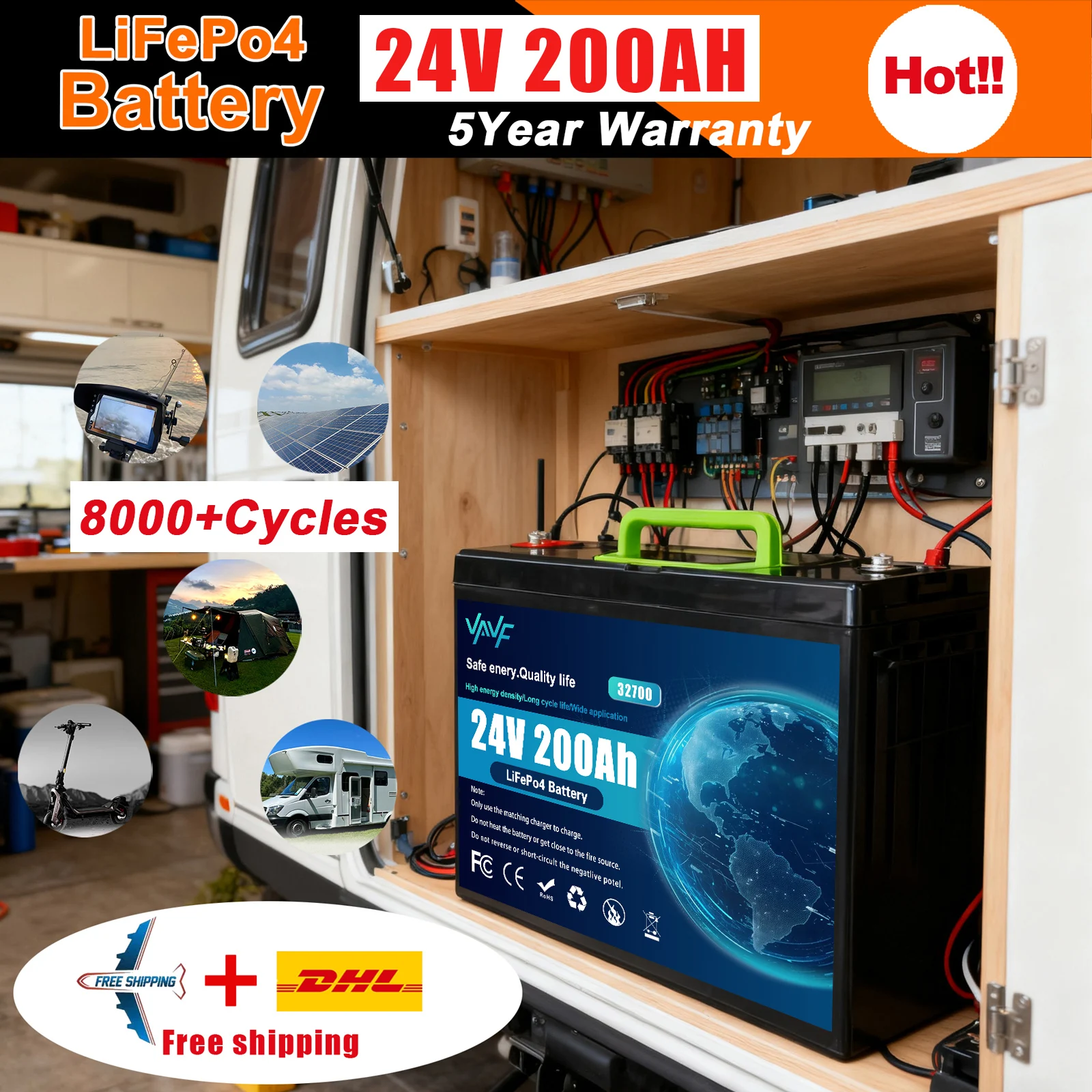 

24V 200Ah LiFePO4 Battery with BMS 8000+Cycles,Off-Road Adventures & Off-Grid Homes️Solar Energy Storage,RV Travel,Boats